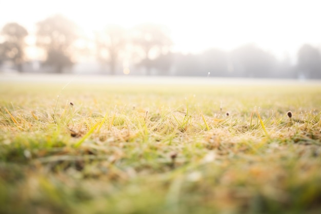 Champ d'herbe rosée avec une couche de brouillard basse