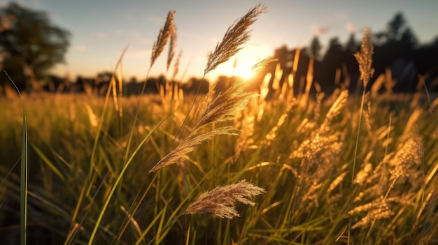 Un champ d'herbe avec le soleil couchant derrière lui