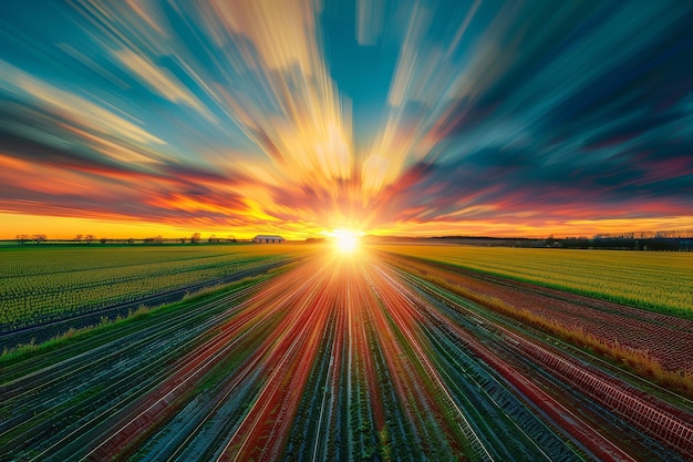 Un champ d'herbe avec un soleil dans le ciel