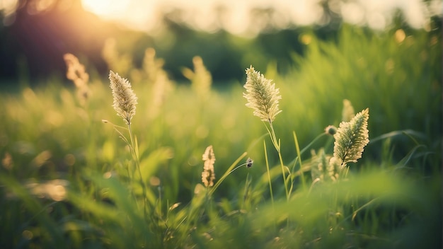 un champ d'herbe avec le soleil derrière lui