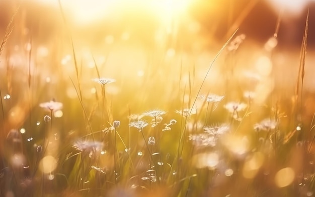 Un champ d'herbe avec un soleil qui brille dessus