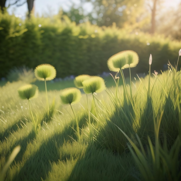 Un champ d'herbe avec le soleil qui brille dessus