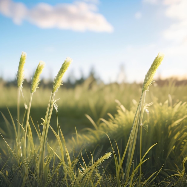 Un champ d'herbe avec le soleil qui brille dessus