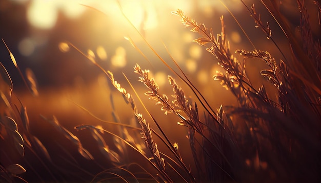 Un champ d'herbe avec le soleil qui brille dessus