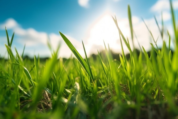 Un champ d'herbe avec le soleil qui brille dessus