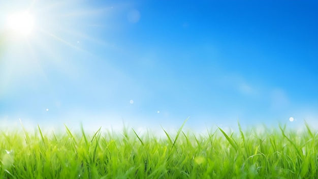 Un champ d'herbe verdoyante sous un ciel bleu clair par une journée ensoleillée