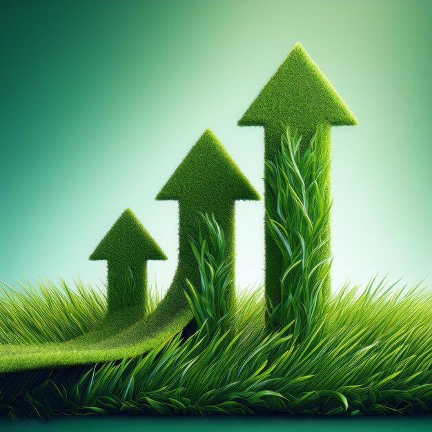 Champ d'herbe vert avec une flèche vers le haut symbolisant le développement durable, la croissance respectueuse de l'environnement et e