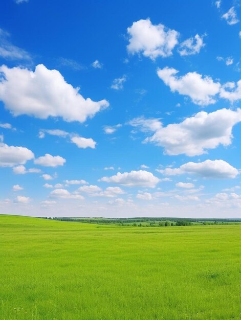 un champ d'herbe verte avec un ciel bleu en arrière-plan