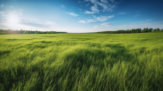 Un champ d'herbe verte avec un ciel bleu et des nuages