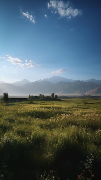 Un champ d'herbe verte avec des montagnes en arrière-plan