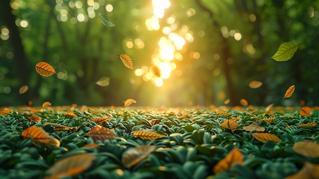 un champ d'herbe verte avec le soleil qui brille à travers les feuilles