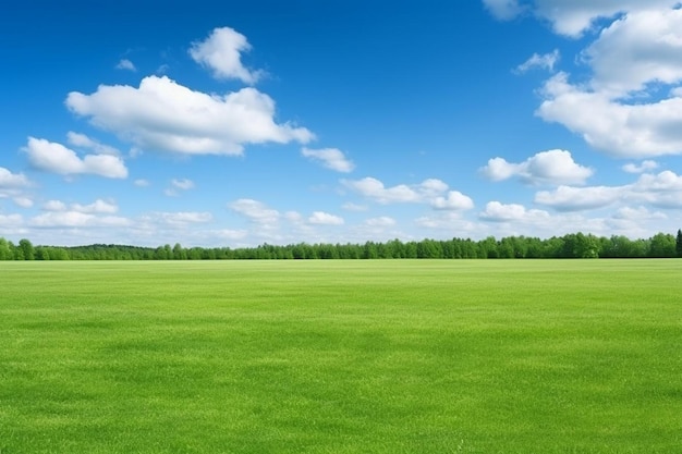 Un champ d'herbe verte vide avec un ciel bleu et des nuages blancs