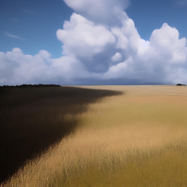 Un champ d'herbes hautes avec un ciel bleu et des nuages en arrière-plan.