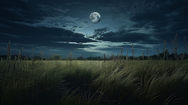 Un champ avec des herbes hautes et une pleine lune