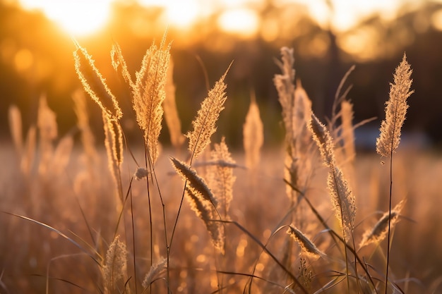 champ d'herbes hautes avec le soleil couchant derrière