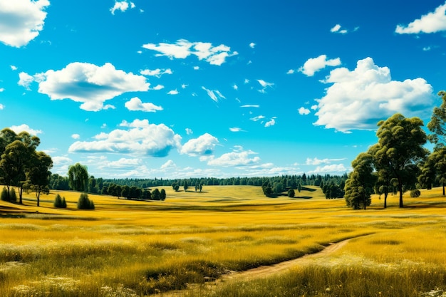 Photo champ herbeux avec des arbres et des nuages dans le ciel au-dessus de l'ia générative