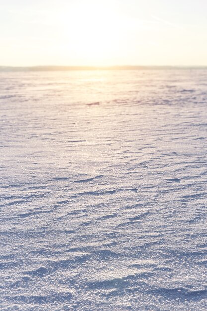 Champ d'hiver au fond du coucher du soleil. La texture de la neige se bouchent.