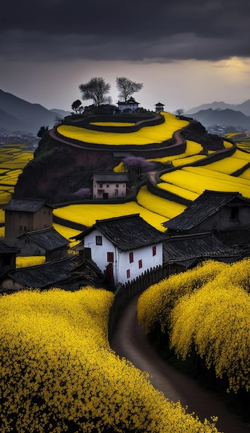 Un champ jaune de fleurs jaunes est vu sur cette photo.