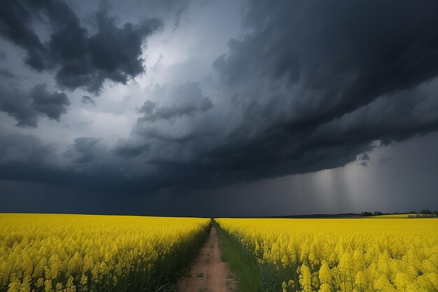 Photo champ jaune pendant la floraison du colza et ciel sombre et orageux