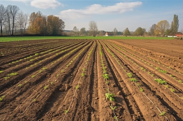 Un champ de jeunes plants avec un ciel bleu en arrière-plan