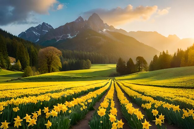 Un champ de jonquilles avec des montagnes en arrière-plan.