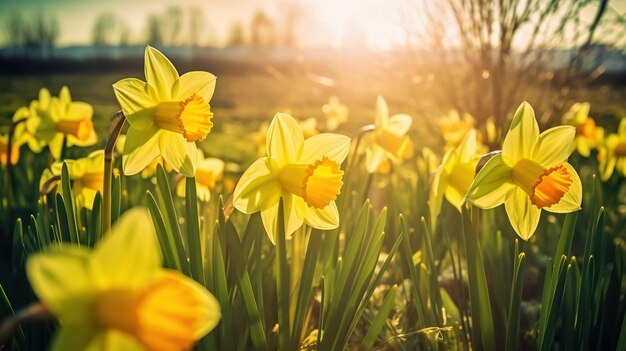 Un champ de jonquilles avec le soleil qui brille à travers les feuilles