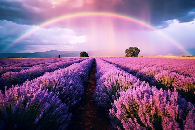 Un champ de lavande après la pluie un magnifique arc-en-ciel dans le ciel