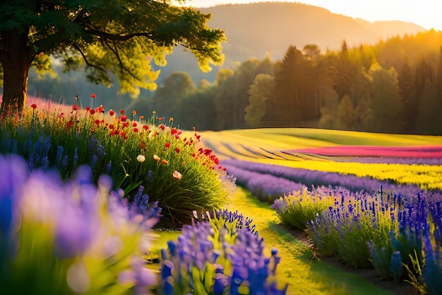 Un champ de lavande au printemps avec un coucher de soleil en arrière-plan.