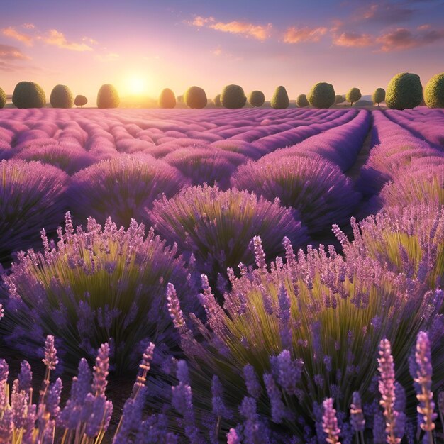 Un champ de lavande baigné par la lumière douce du coucher du soleil.