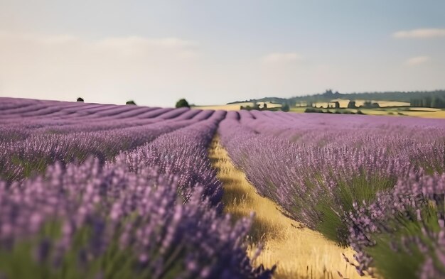 Un champ de lavande avec un chemin de terre menant à l'horizon.