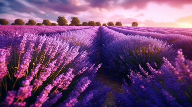 Un champ de lavande avec un ciel violet et des nuages