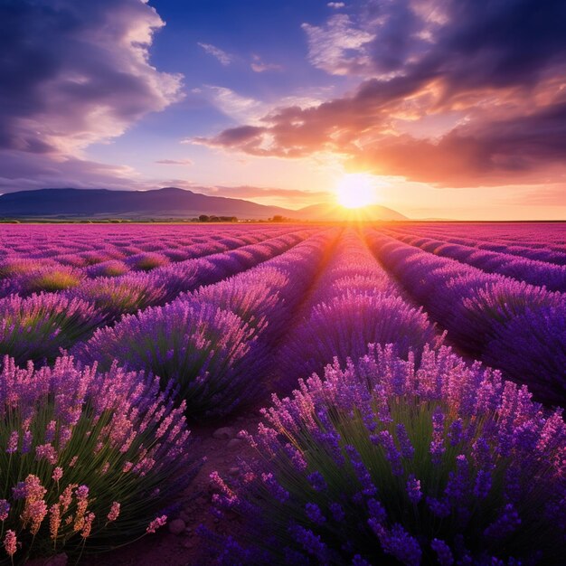 champ de lavande avec le coucher du soleil au loin génératif ai