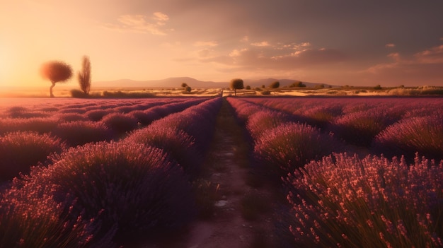 Un champ de lavande avec un coucher de soleil en arrière-plan