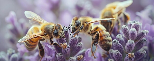 Un champ de lavande en fleurs avec des abeilles qui recueillent du papier peint