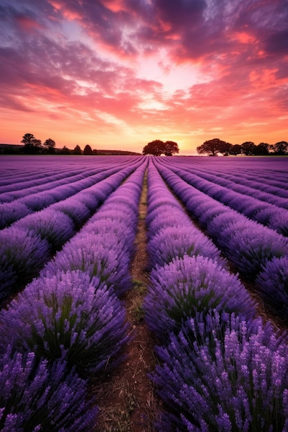 Champ de lavande avec une lumière douce au coucher du soleil en arrière-plan créé avec une IA générative