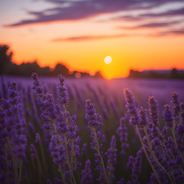 Un champ de lavande serein sous un ciel de coucher de soleil coloré