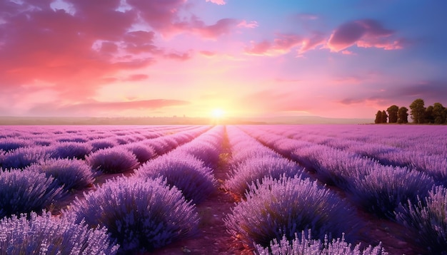 Un champ de lavande avec le soleil couchant derrière lui