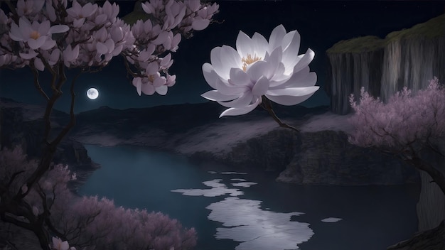 Champ de magnolias au clair de lune avec un lac