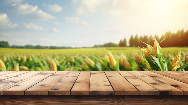 Champ de maïs agricole et bureau en bois avec illustration 3D offrant beaucoup d'espace pour vos mots et votre marque