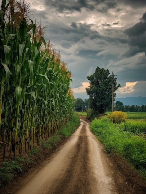 Champ de maïs et allée menant à une ferme dans un champ agricole rural sur lequel le maïs vert IA générative