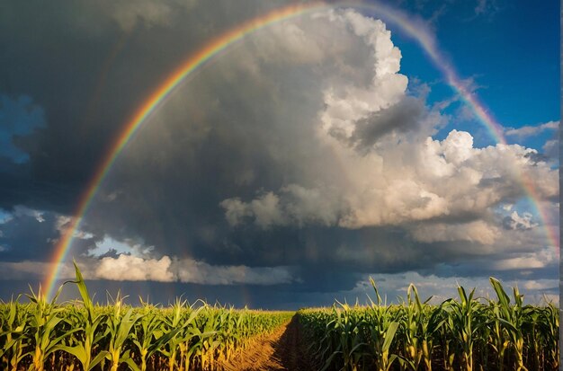 Un champ de maïs avec un arc-en-ciel en arrière-plan