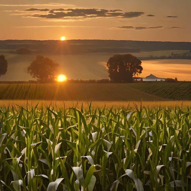 Photo un champ de maïs avec un coucher de soleil en arrière-plan