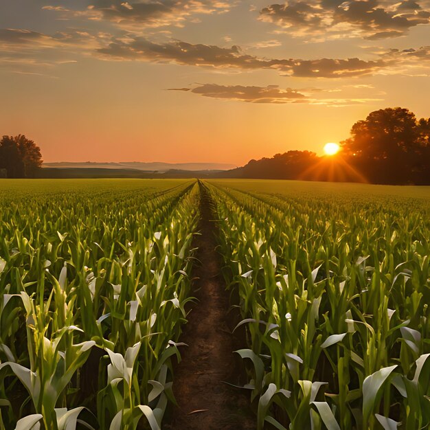 un champ de maïs avec un coucher de soleil en arrière-plan