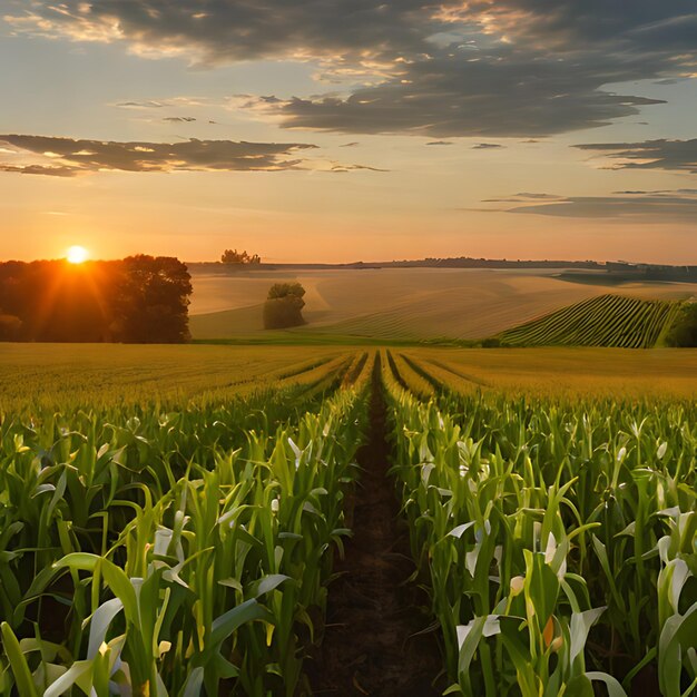 un champ de maïs avec un coucher de soleil en arrière-plan