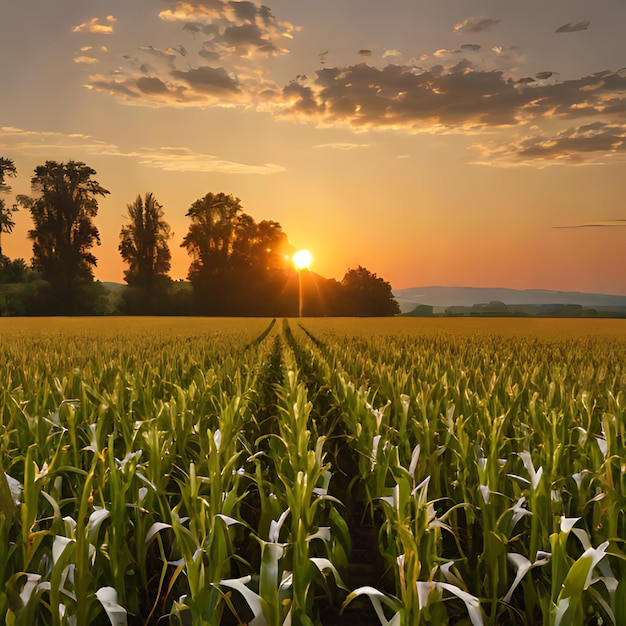 un champ de maïs avec un coucher de soleil en arrière-plan