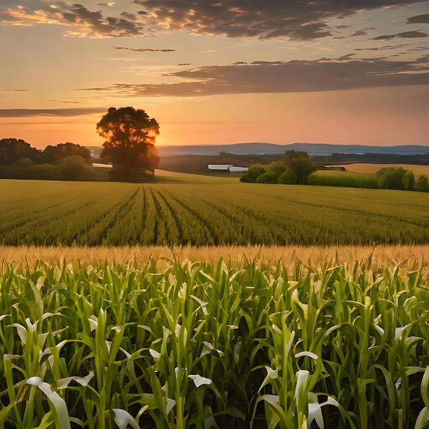 un champ de maïs avec un coucher de soleil en arrière-plan