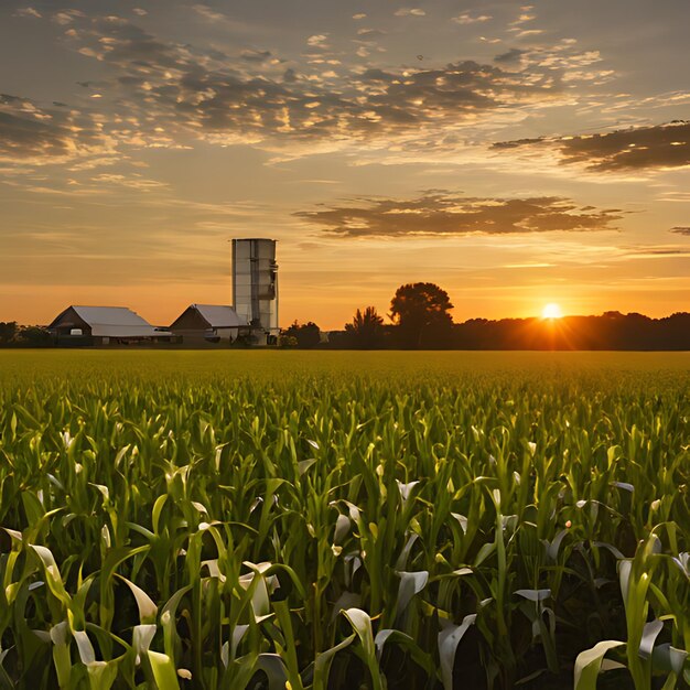 Photo un champ de maïs avec un coucher de soleil en arrière-plan