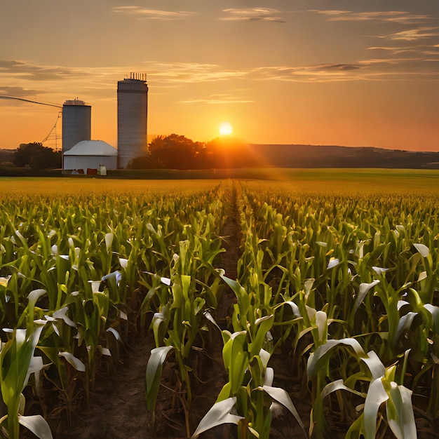 Photo un champ de maïs avec un coucher de soleil en arrière-plan