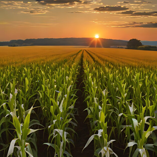 un champ de maïs avec un coucher de soleil en arrière-plan