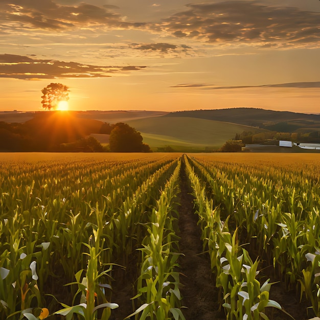 Photo un champ de maïs avec un coucher de soleil en arrière-plan